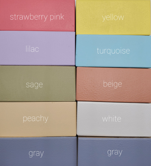 color examples from top left clockwise: strawberry pink, yellow, turquoise, beige, white, gray, gray, peachy, sage, lilac