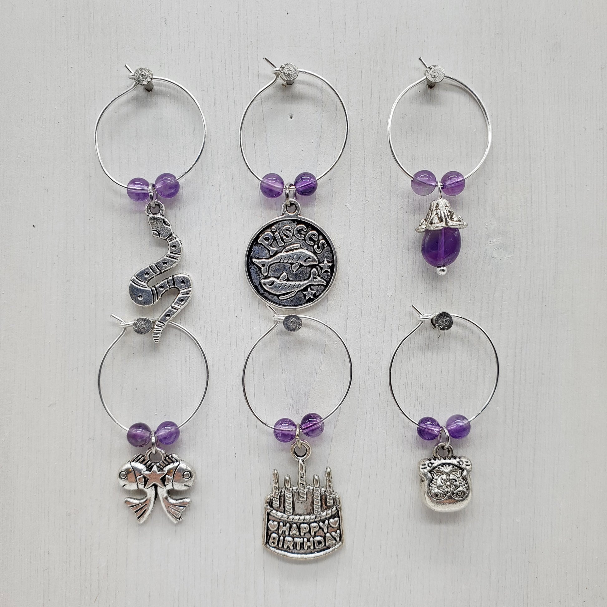 Pisces birthday wine charms set of 6 with amethyst beads and snake charm