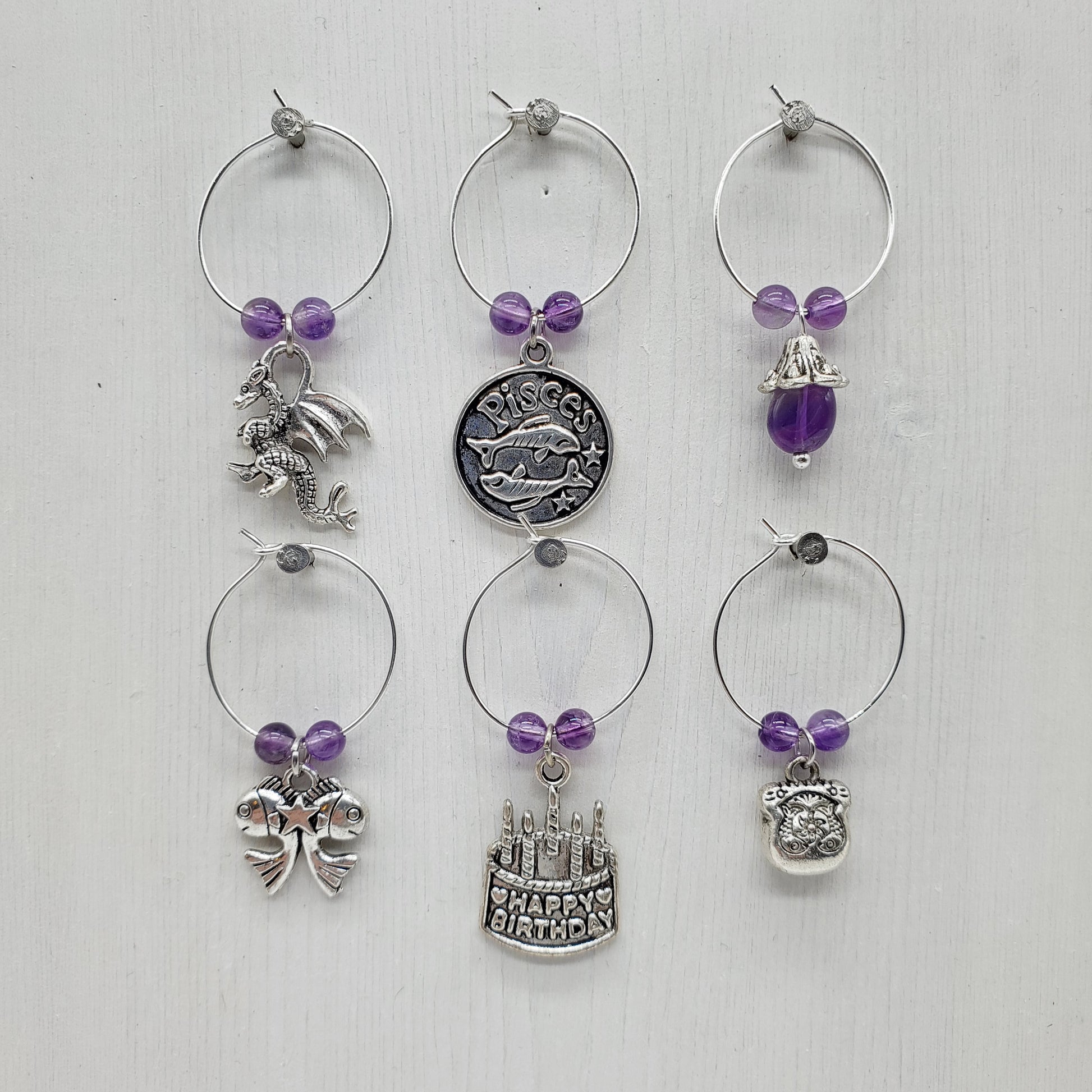 Pisces birthday wine charms set of 6 with amethyst beads and dragon charm