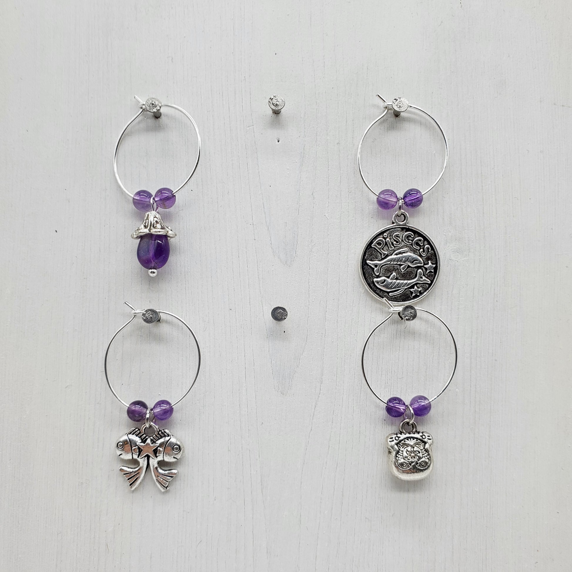 Pisces birthday wine charms set of 4 with amethyst beads