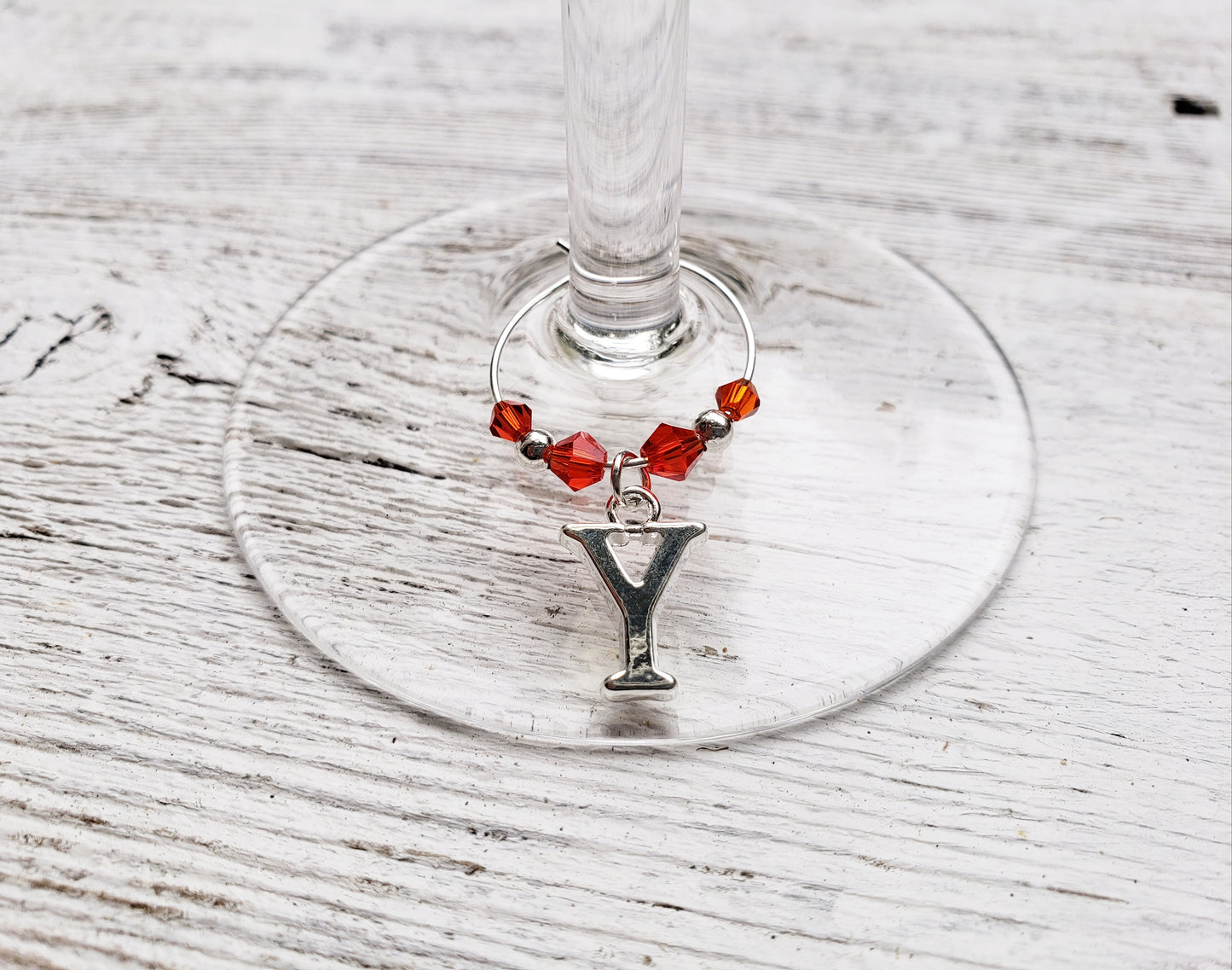 letter Y wine charm with red crystal beads