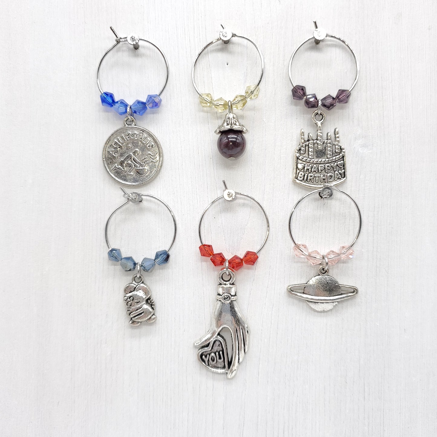 set of 6 Aquarius birthday wine charms year of rat born in January