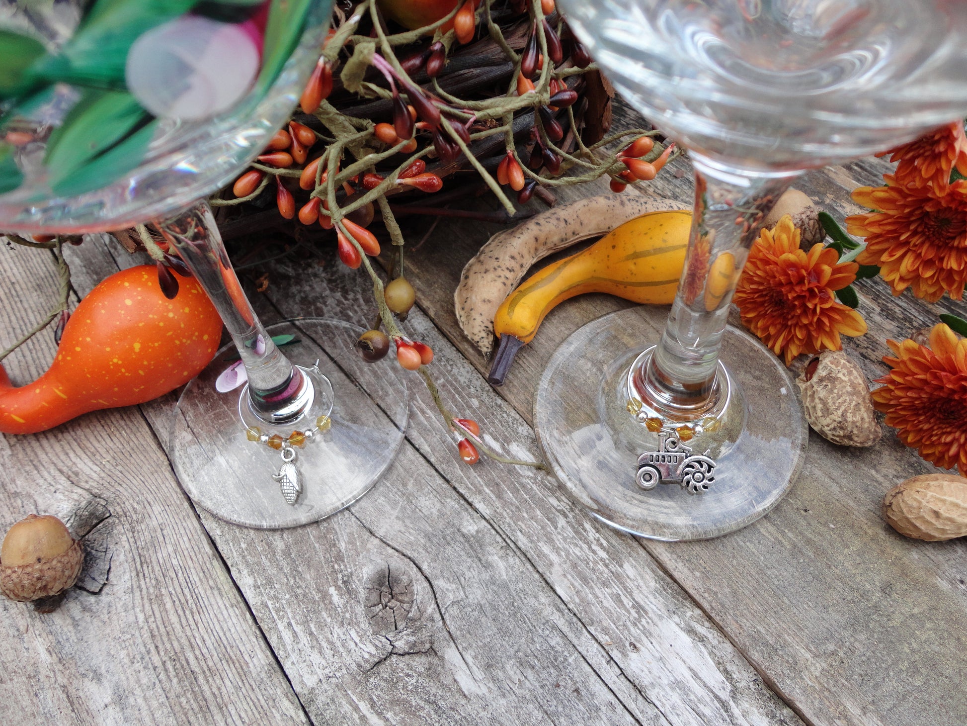 corn and tractor wine charms on glasses