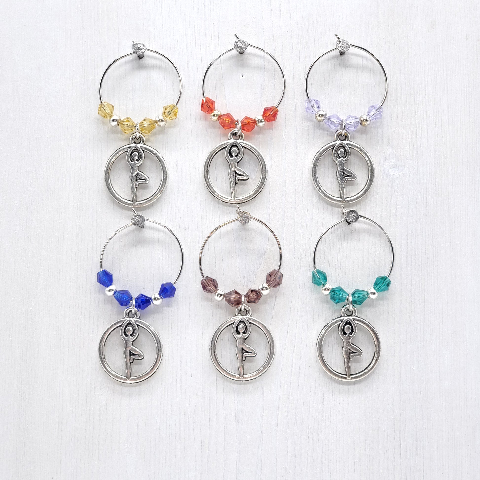 set of 6 yoga tree pose wine glass charms