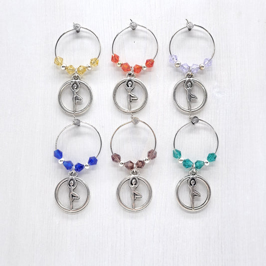 set of 6 yoga tree pose wine glass charms