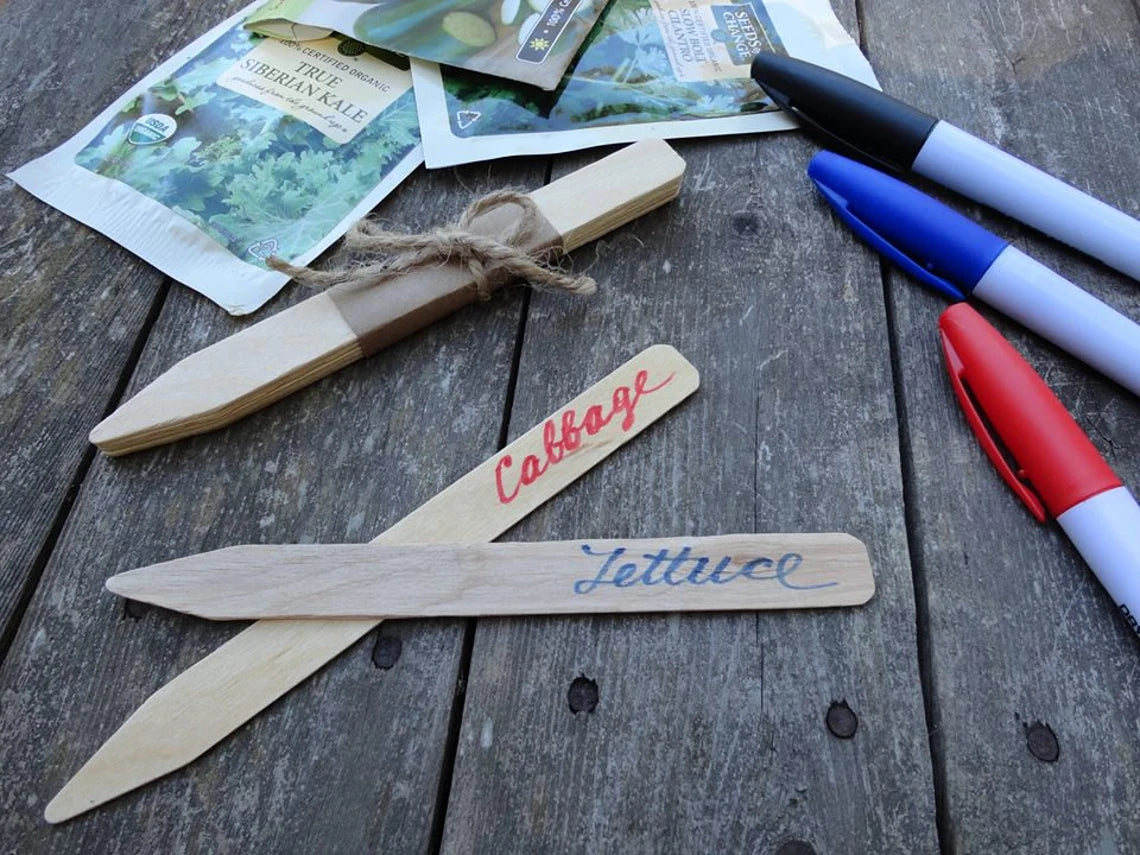 wooden plant labels with vegetable names 